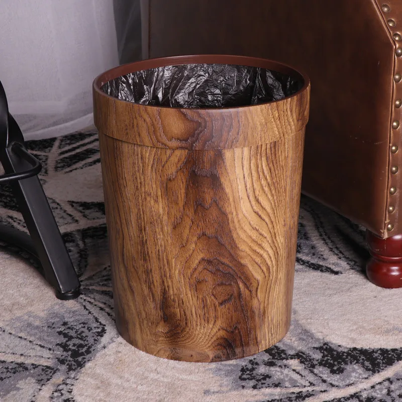 Wood Grain Trash Can Wastebasket Garbage Container Bin For Bathroom