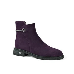 Women's Purple Suede Ankle Boots with Rhinestone Strap - Low Block Heel Round Toe Ankle Boots