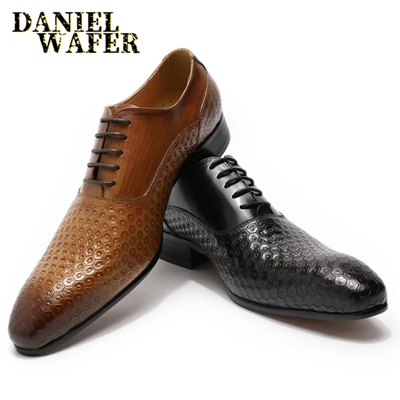 Genuine Leather Man Dress Shoes Brown Business Footwear Lace up Oxford Formal Dress Shoes
