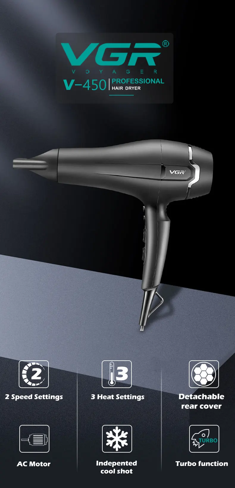 Description Picture 2 of itemVGR V-450 hair salon household hair dryer with high power and multi gear control for cold and hot air distribution nozzle hair d
