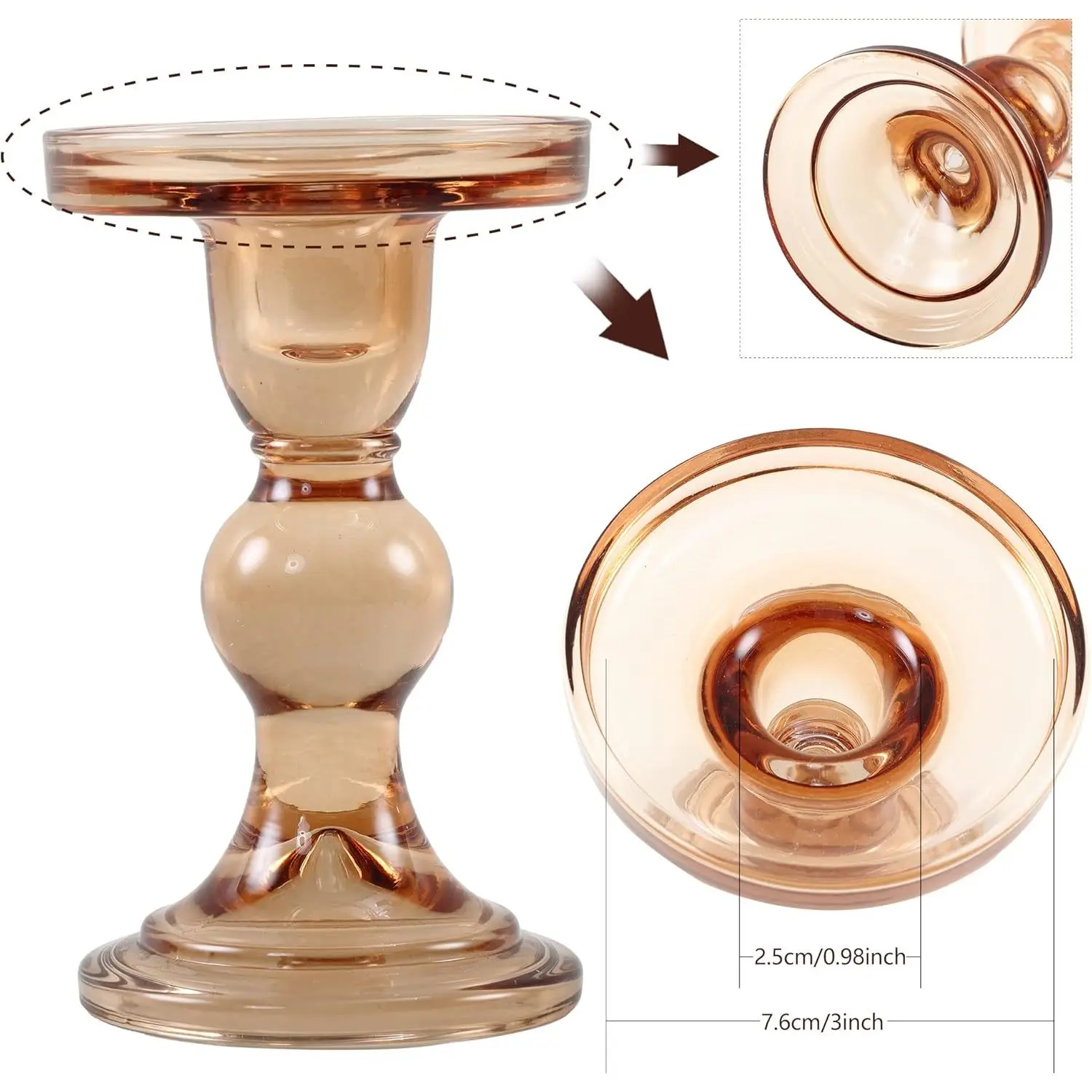 GMWD 3-Piece Modern Glass Candle Holder Set Amber Color Wedding Tabletop Decorations-Pillar Taper Tealight Stand 10x8x4 Inches - Image 6