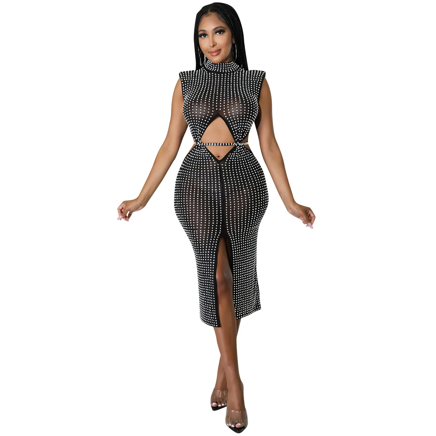 mesh diamond dress hollow Black Evening Dress Sheer Mesh with Diamond Embellishments Black / S