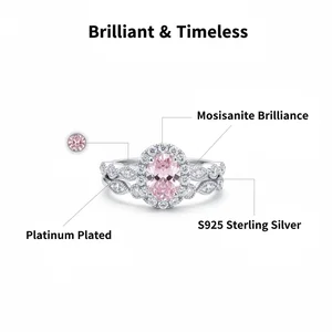 Women Fine Jewelry S925 Sterling Silver Platinum Plated a Pair of Rings Set Elegant Sparkling Brilliant pink Moissanite Rings
