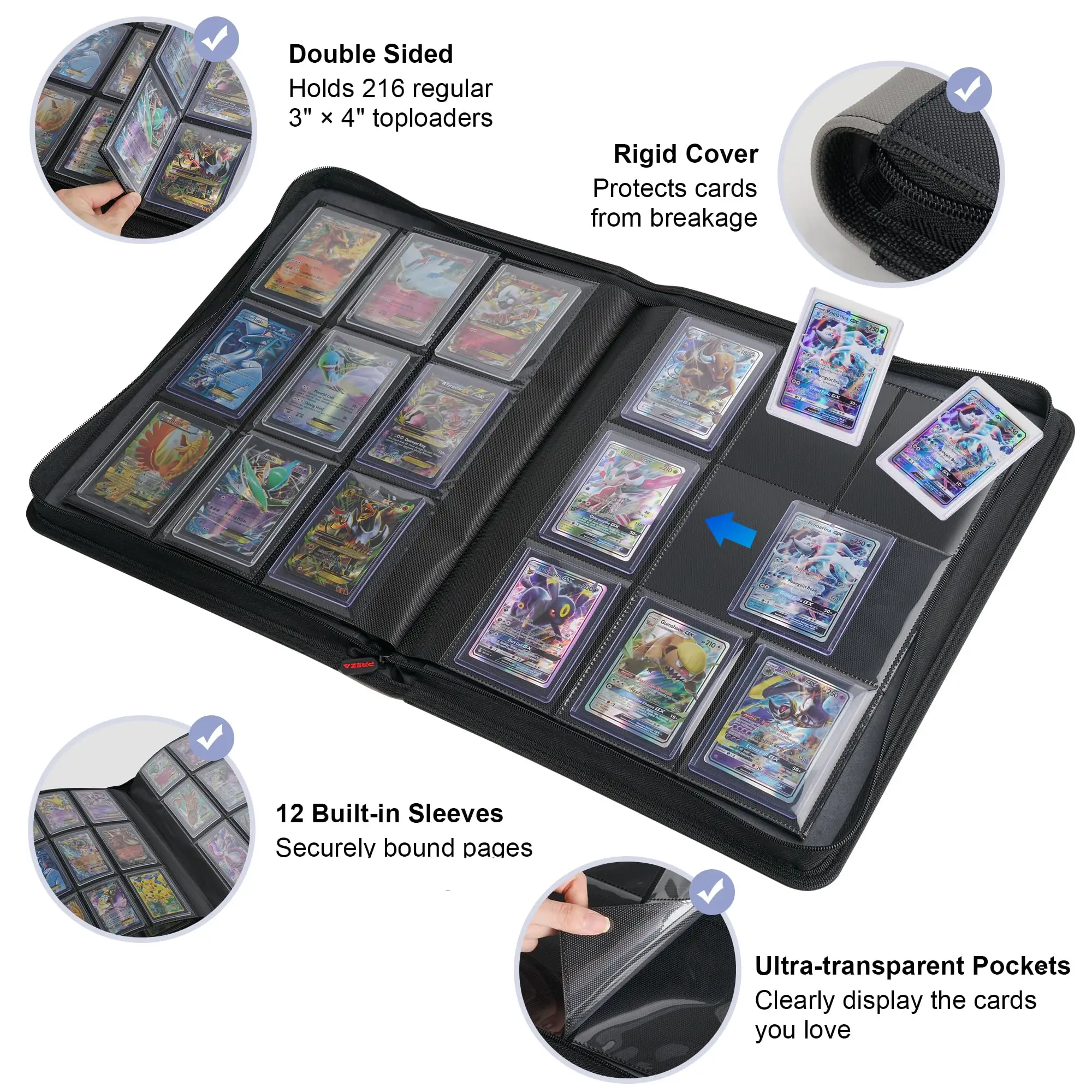 Premium 35pt Toploader Pokemon Trading Card Binder 9 Pockets Zipper with Colorful PU Cover for Sports Trading Card Storage