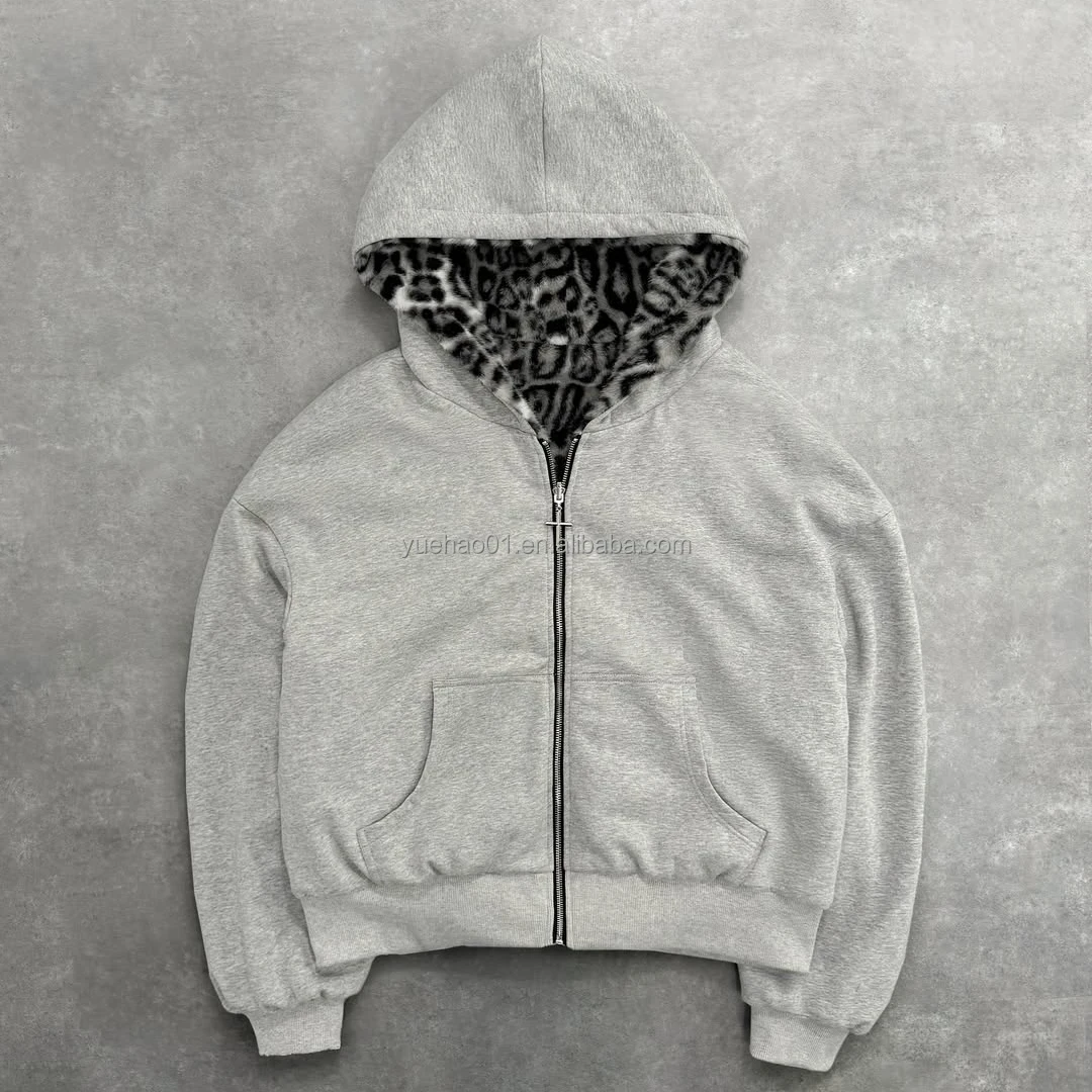Custom Leopard Print Faux Fur Heavyweight Zip-Up Hoodie for Men