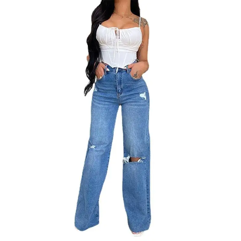 Manufacturer's Direct Selling Top Products 2024 Fashionable Comfortable Versatile Ripped Jeans Women High Waist Wide Leg Pants