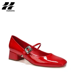 Elegant Red Mary Jane Pumps for Women Comfortable Slip-On Closure with Soft Square Heel Buckle for Party Evening Dress Shoes