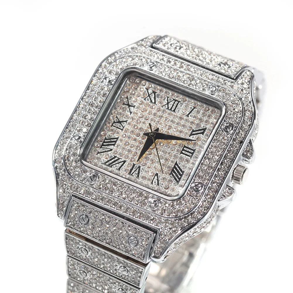 2022 New Hip Hop Watch Iced Out CZ Full Rhinestone Light Blue Big Dial Roman Numerals Luxury Diamond Quartz Watches
