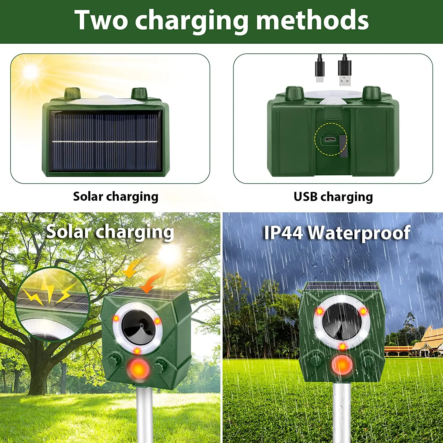 SAIJZEK.High Effective Waterproof Solar Powered Animal Repeller With Ultrasonic Repellent For Bird Wild Boars Foxes Wildlife details