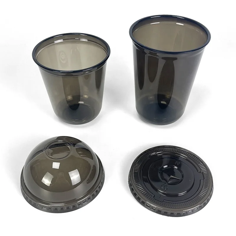 Custom Logo Printed Black Transparent U shape 12oz 16oz 22oz Disposable PET Plastic Clear Cup With Lids For Boba
