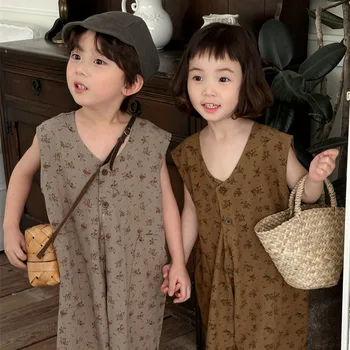 2025 Summer New Floral Sleeveless Retro Jumpsuit Casual Forest Style Baby Overalls for Boys Girls Fashionable Pants Trousers for