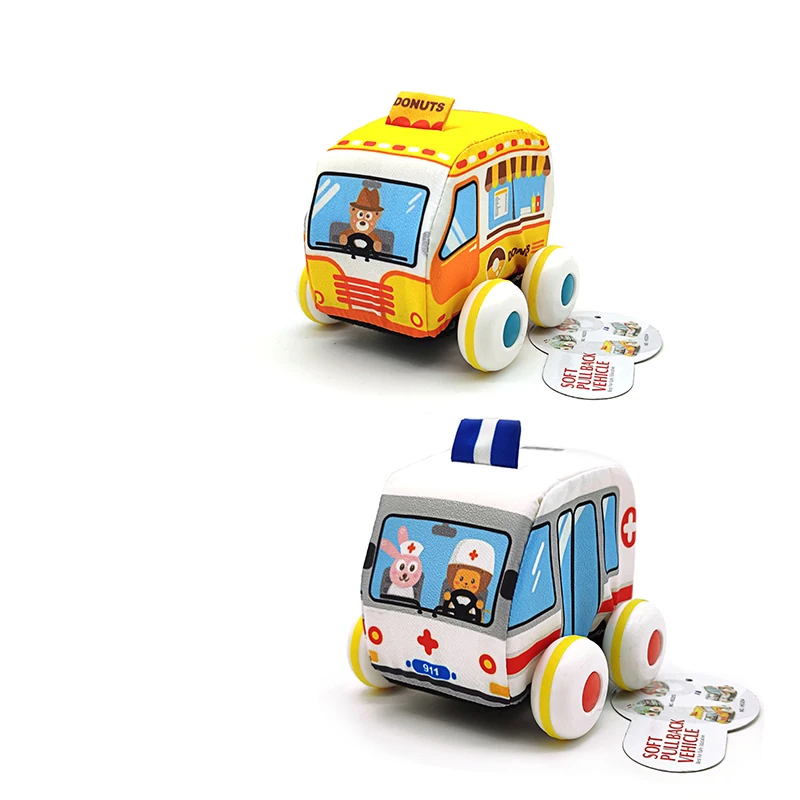 Huanger OEM 6 pcs Soft Cloth Pull Back Car Plush Toy Ambulance Bus Vehicle Set Baby Soft Toy Car