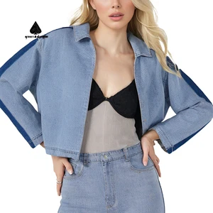 Women Light Blue Cropped Denim Jacket Collared Neck Contrast Trim Long Sleeve Casual Style Sewn Craft Daily Jacket