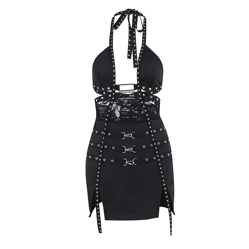 Hot Selling Halter Backless Deep V Lace Patchwork Hollow Out Club Dresses Spicy Girl Lace-up Black Wrap Bodycon Mini Dress