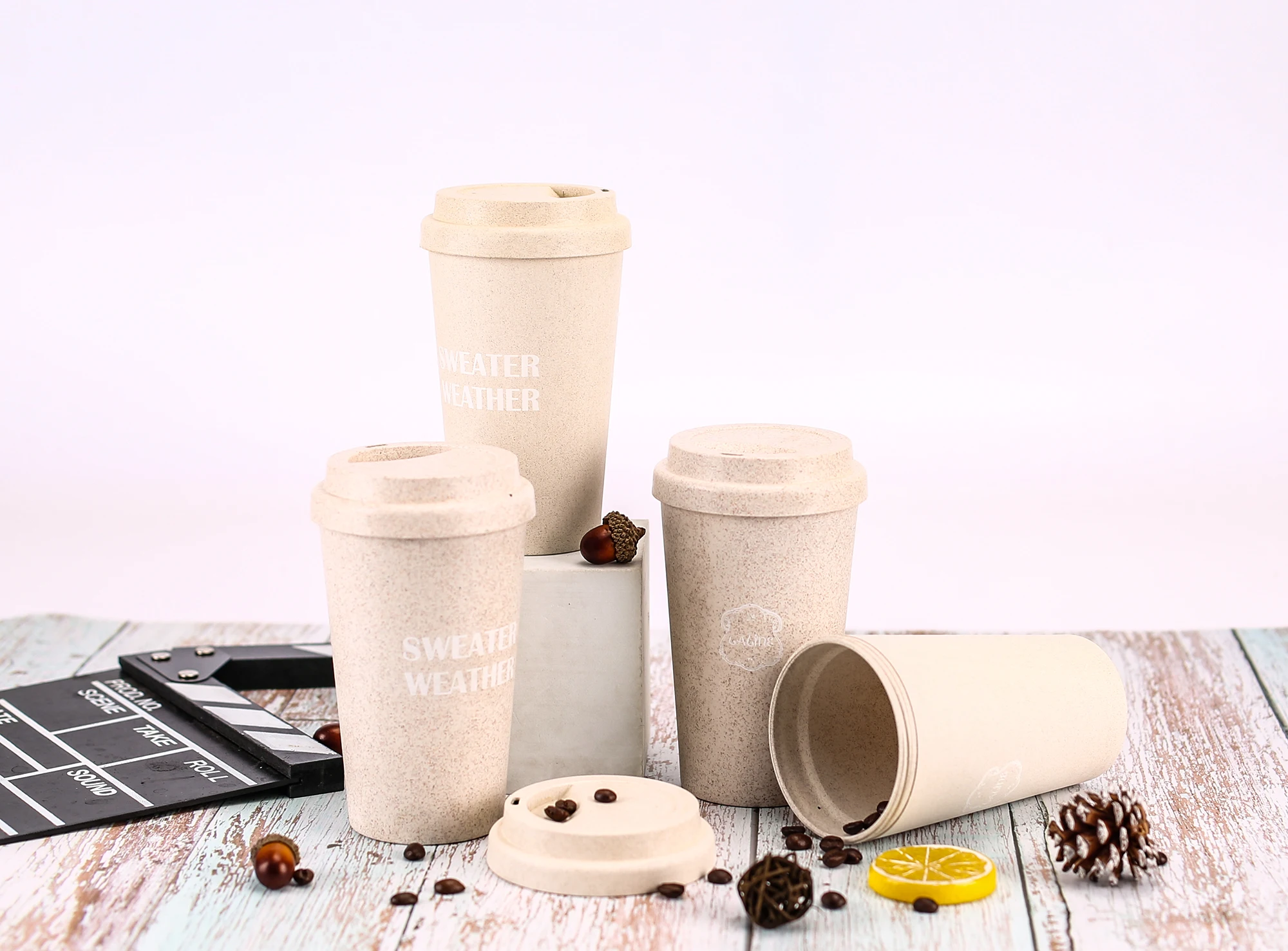 14 унций, биоразлагаемое пшеничное волокно, пластиковая Изолированная кружка для кофе с двойными стенками и крышкой