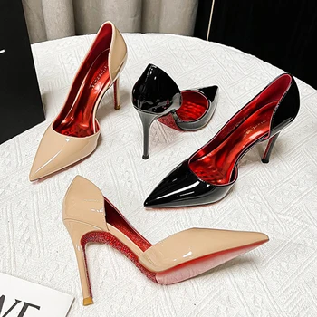 Rhinestone Red Bottom Stiletto Heel Shallow Mouth Pointed Toe Side Hollow Sexy Nightclub Women's High Thin Heels Shoes