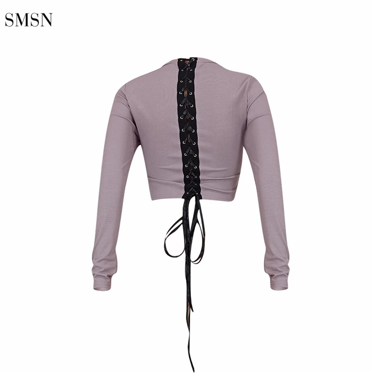 OSINA Best Design Autumn Long Sleeve Letter Print Back Bandage Rib Knit Sexy Crop Top T Shirt Women