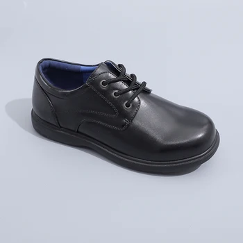 JUSTGOOD Wholesale Stock Best Quality Classic Cheap Children Flat Fit Kids Black Leather Boys Back To School Shoes