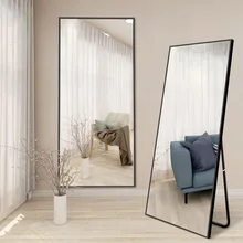 Custom Decoration Rectangle Gold Aluminum Alloy Framed Decor Wall Full Length Stand Floor Mirror For Living Room