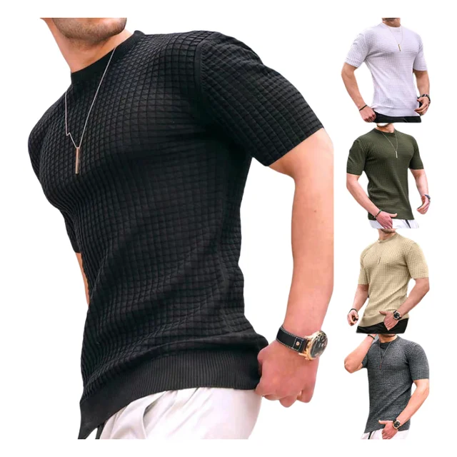 Spring summer men's small checkered T-shirt round neck casual trend top Customized Cheap quick dry Breathable Blank T-shirt