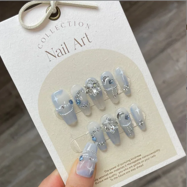 Blue French Tip Press On Nails Stones Crystal Rhinestones Wearable