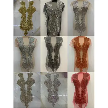 High End Handmade Gold Glass Panel Crystal Stone Bodices Applique Beading For Dress