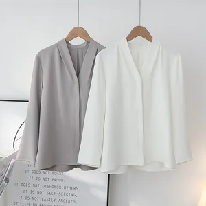 New Arrival Lightweight V-Neck Long-Sleeve Shirt Gray White Blouse For Women