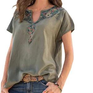Hot Sale 2022 Spring and Summer Cross-border Women's Clothing Loose Western Ethnic Style Top Short-sleeved T-shirt