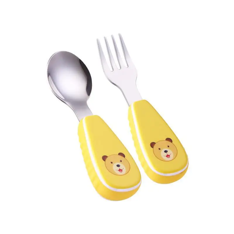 yellow EJY Stainless Steel Childrens Cutlery Cartoon Spoon and Fork Set 