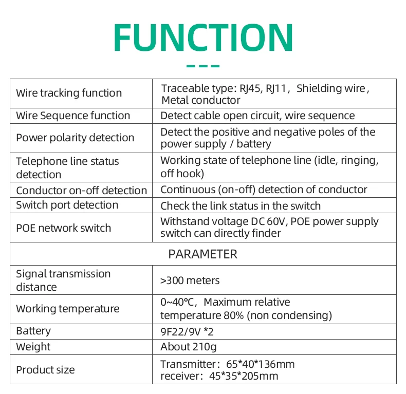 FY8169 Telecom Tool RJ45 RJ11 STP UTP LAN Diagnose Tone Tracer Network cable tester Wire tracer PoE living Detection