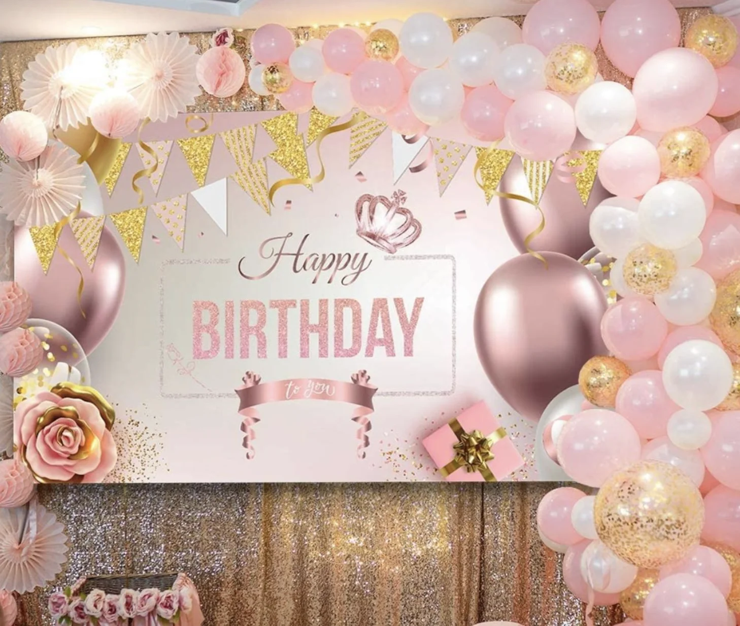 EpiqueOne Rose Gold Birthday Decoration Set: HAPPY BIRTHDAY Banner, Ta