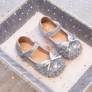 Princess Shoes Girls 2026 New Children's Silver Crystal Slip-On Summer Soft Sole