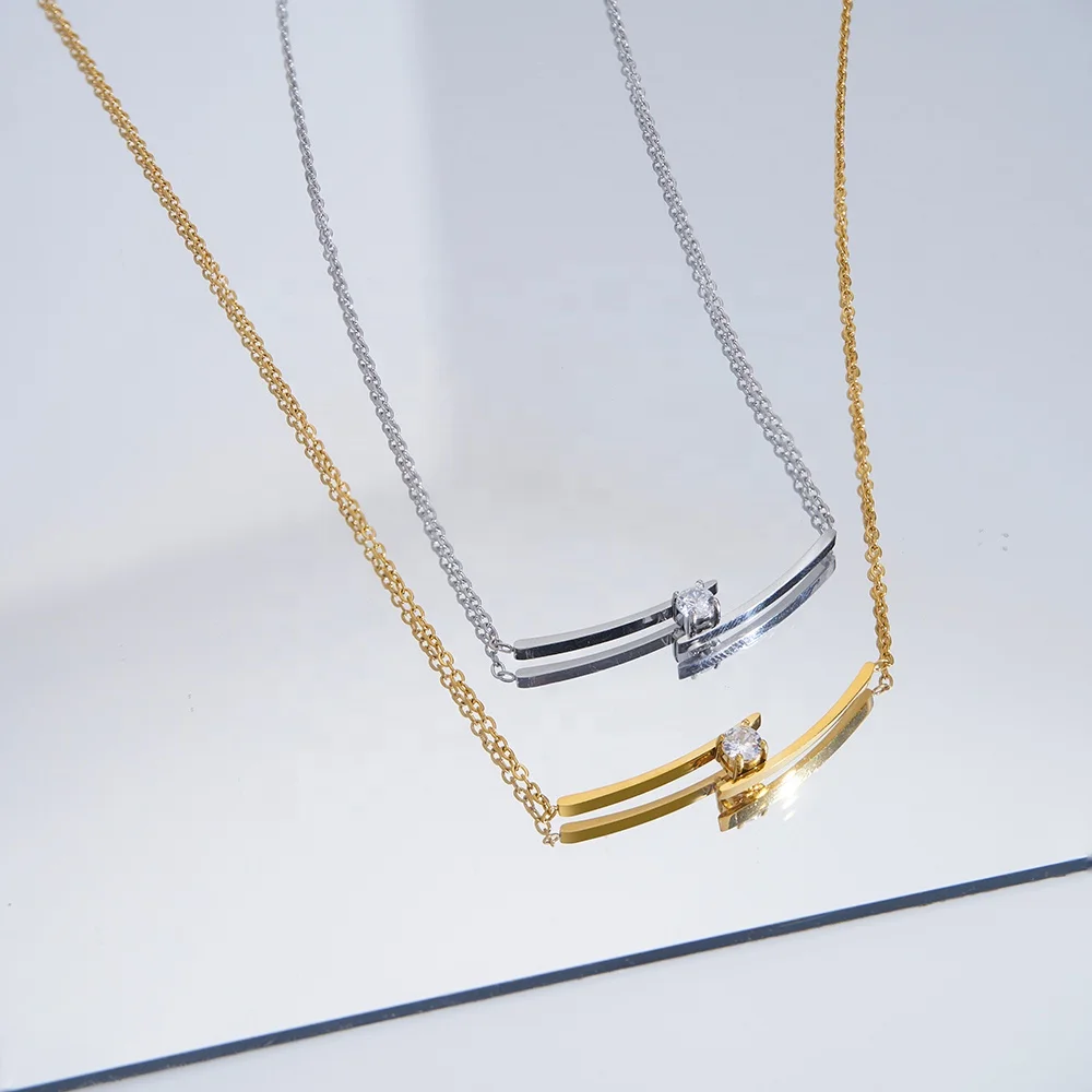 Latest 18K Gold Plated Stainless Steel Jewelry Minimalist Chopsticks Long Bar Zircon Pendant Trendy For Women Necklace P233401