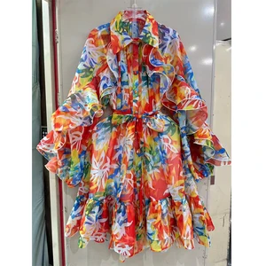Factory Wholesale Designer Fashion Mini Dress Women Spring Autumn Cascading Ruffles Flower Printed Long Sleeve Casual Party