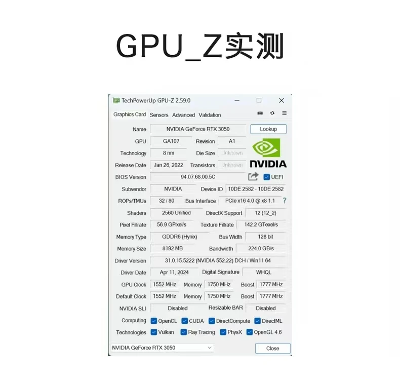 JGINYUE  RTX 3050 8GB Gaming Graphics Card with GDDR6 8Pin 128 Bit 8nm-Placa De Video Ac aperçu 5