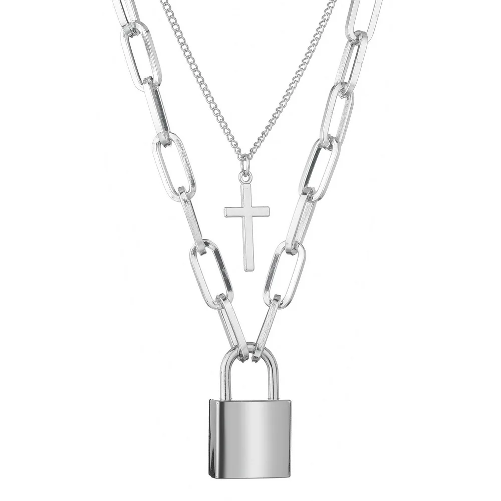 Wholesale Stainless steel 2 layered Lock Cross Pendants Necklaces
