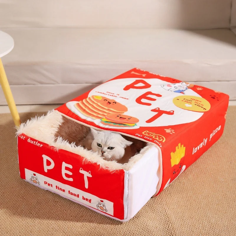 New Snack Box Plush Pet Bed Fully Enclosed Cookie Box Shape Warm Soft Windbreak Cute Pull Out Cat House Cushion Pet Products