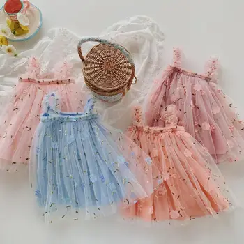 New children shirt children's embroidery patch small flower suspender dress sweet princess mesh bubble skirt girls dress