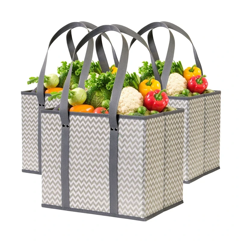 Wholesale Foldable Food Storage Bins with Handles Reusable Shopping Grocery Bags Geometric Pattern Organizer