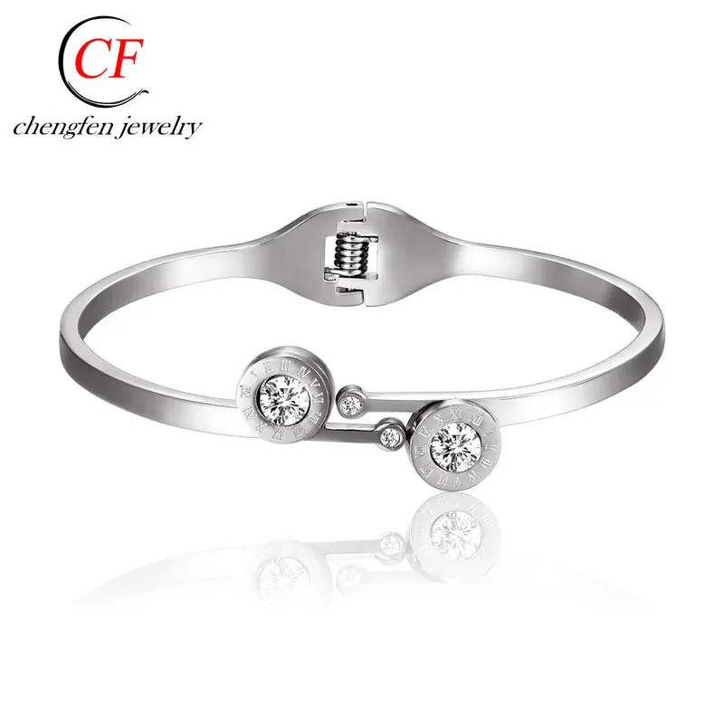 Simple Design Rose Gold Color Circle Cuff Bangles With Stone Stainless Steel Ladies Wedding Bangle