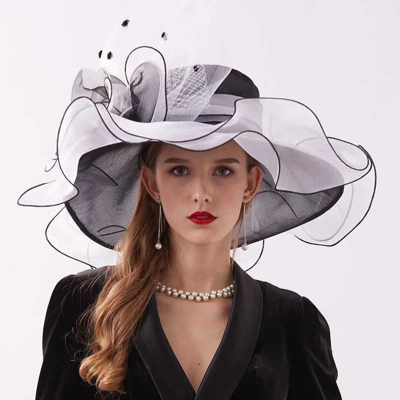 Black Grey Dress Hat Organza with Crystals  and Ruffles Packable Adjustable Hat Packable Women Ruffles Brim Kentucky Derby Organza Dress  main image 2