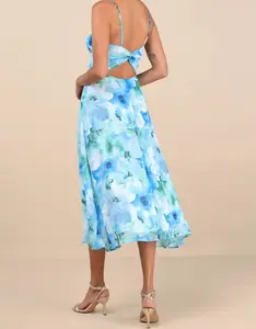 Women's Casual Blue Maxi Dress A-Line Silhouette Slim Fit Sexy Lace-up Backless Design New Fashion Print Vacation Beach Dress