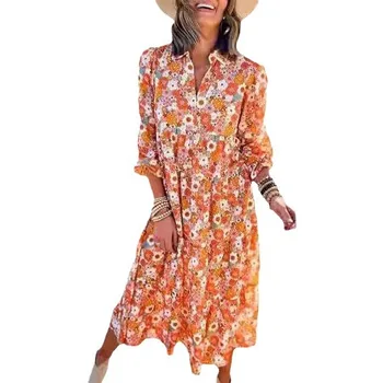 2024 Fashion New Casual Women's Dress Loose Sleeve V-Neck Women's Bohemian Floral Print Flowing A-Line Ladies Dress