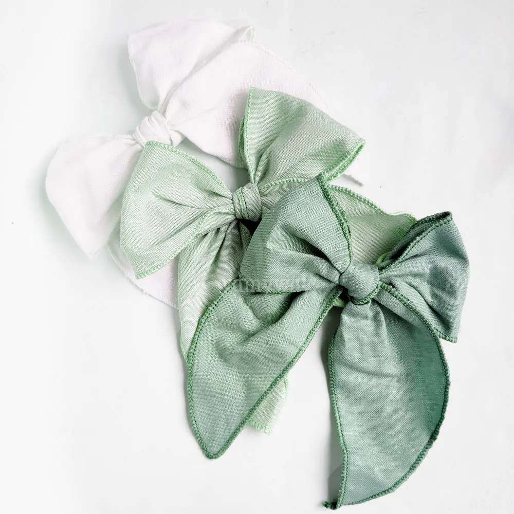 Custom Size And Color Delicate Hemmed Edge Linen Hair Bows For Baby And