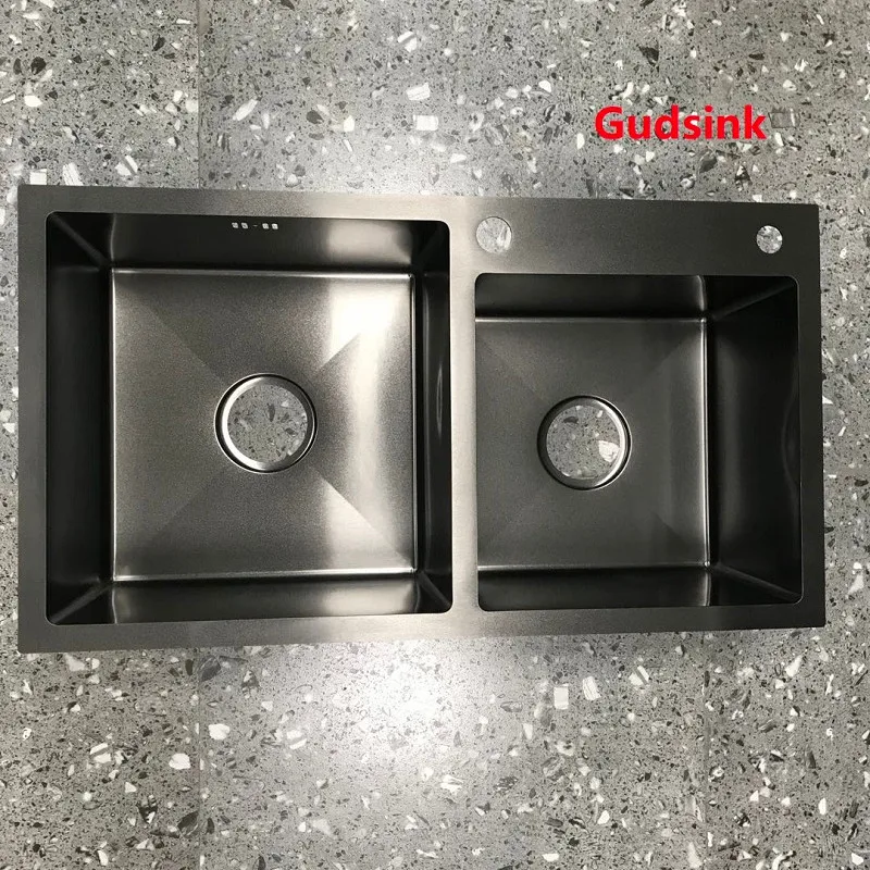 Gudsink 6045 Single Above Counter Farmhouse Sink Nano Sink Black Basin Stainless Steel Handmade Undermount Kitchen Sink Modern