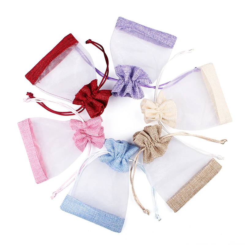 Jute Gunny Bags 10*14Cm Mini Gift Bags With Window Jute Pouches Burlap and  Organza Drawstring Bags
