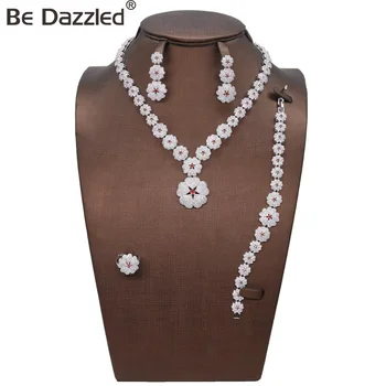 Bedazzled 2019 American diamond costume jewellery sets red stone aaa cubic zirconia necklace bracelets earring and ring sets