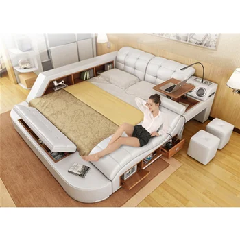 Modern design functional massage bedroom furniture sets genuine leather bed with music