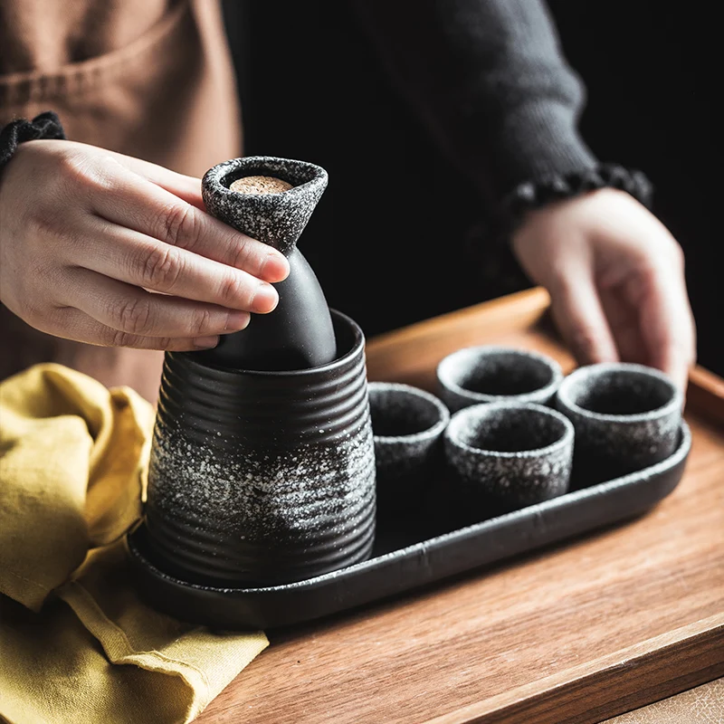 Ceramic Sake Set with Warmer Japanese Style Porcelain Hot Saki Drink Warmer Set  of 5 with 1 Sake Bottle and 4 Sake Cups