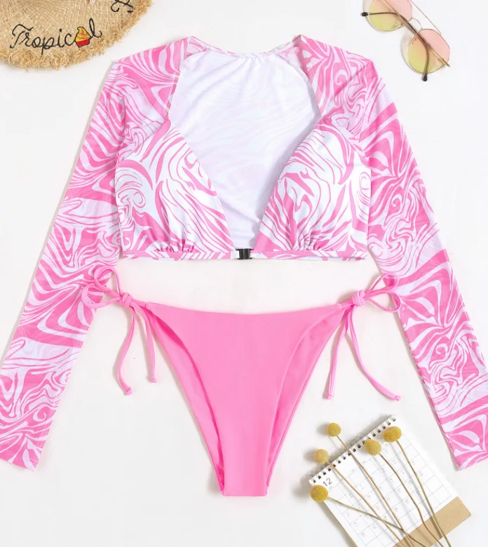 2022 STOCK Underwire Long Sleeve Swimsuit Brazilian Cheeky Bikini Set